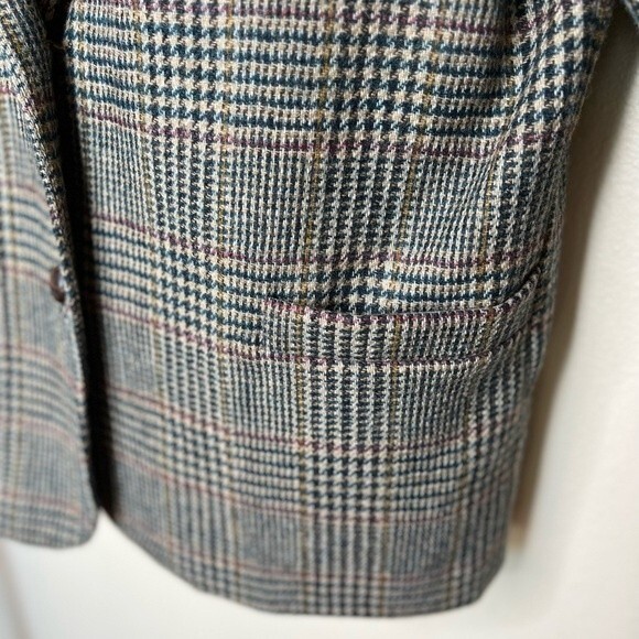 Vintage International Scene Wool Glen Plaid Suede Leather Lapel Blazer Women 14 - Picture 5 of 16